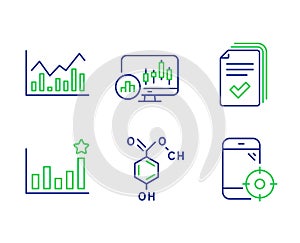 Candlestick chart, Efficacy and Infochart icons set. Handout, Chemical formula and Seo phone signs. Vector