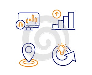 Candlestick chart, Graph chart and Location icons set. Share idea sign. Vector