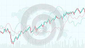 Candlestick chart, line graph and bar chart. World stock market index graph