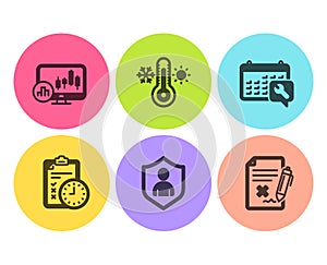 Candlestick chart, Security and Spanner icons set. Thermometer, Exam time and Reject file signs. Vector