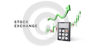 Candlestick chart on stock exchange with arrow growth and calculator in 3D cartoon style