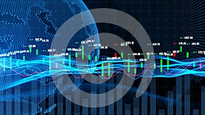 Candlestick graph chart with digital data, uptrend or down trend of price of stock market or stock exchange trading, investment photo