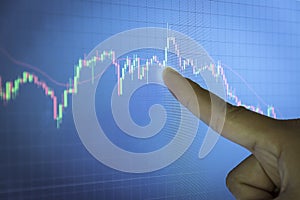 Candlestick graph with hand Forefinger, Business and financial c