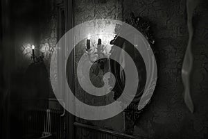 Candlestick and mirror on the wall. Black and white photo.