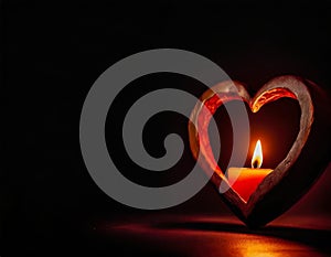 Candlestick with the shape of heart with lit candle on dark background, AI generated