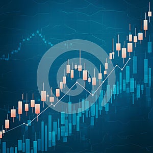 Candlestick stock market graph on blue background, bullish trend photo