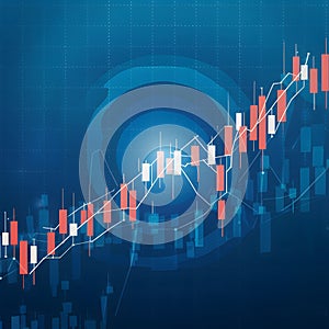 Candlestick stock market graph on blue background, bullish trend photo