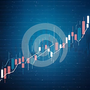 Candlestick stock market graph on blue background, bullish trend photo