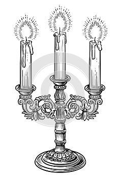 Candlestick with three burning candles. Vintage lantern sketch illustration engraving style