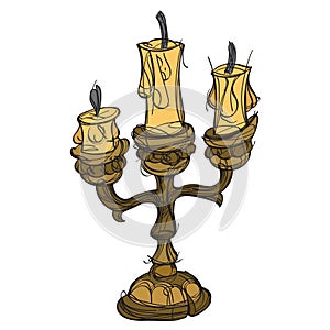 Candlestick on three candles. Vintage household items. Cartoon drawing for gaming mobile applications