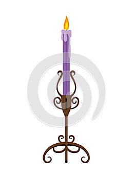 Candlestick. Vintage candelabrum with burning wax candle flame. Elegant old-fashioned holder or metallic lamp icon