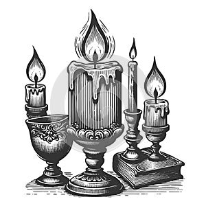 Candlesticks with Burning Candles engraving vector