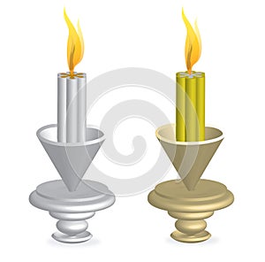 Two objects of candlesticks with burning wax candles.