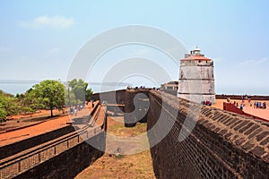 CANDOLIM, GOA, INDIA - 11 APR 2015: Fort Aguada and old lighthouse was built in the 17th century.