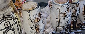 Candombe drummers at street, calls parade, montevideo, uruguay