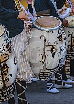 Candombe drummers at street, calls parade, montevideo, uruguay