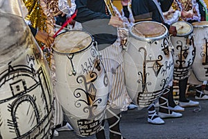 Candombe drummers at street, calls parade, montevideo, uruguay