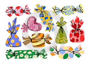 A set of illustrations of various candies with colorful wrappers in a hand drawn cartoon style.