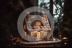 a candy-adorned gingerbread house with trees in the light background