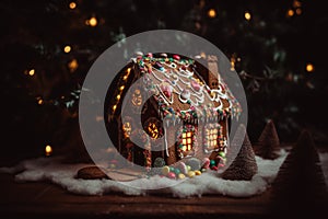 a candy-adorned gingerbread house with trees in the light background