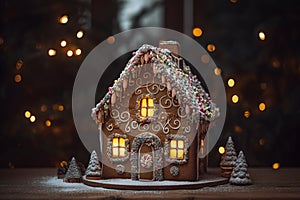 a candy-adorned gingerbread house with trees in the light background