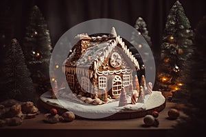 a candy-adorned gingerbread house with trees in the light background