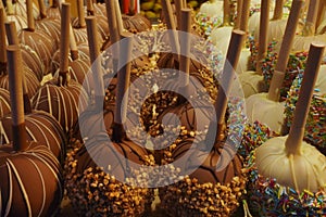 candy apples with wooden stick covered with caramel, chocolate, nuts and glazes for sale on a market or shop or street fair, as a