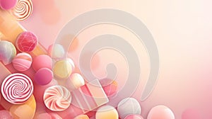 a candy background with lollipops and other candies on a pastel pink background with a place for a text or image