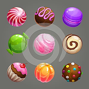 Candy balls set. Round sweet assets for game design.