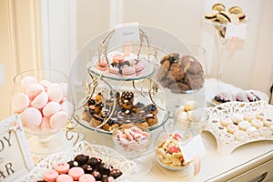 Candy bar. Banquet table full of desserts and an assortment of sweets. pie and cake. wedding or event