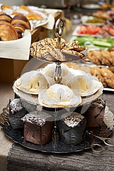 Candy bar buffet with cake stand. Decorative dessert for for holiday