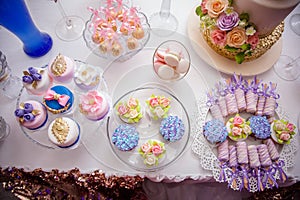 Candy bar on golden wedding party with a lot of different candies, cupcakes, souffle and cakes. Decorated in brown and purple colo