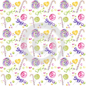 Candy bar hand drawn watercolor pattern, Lollipop and bow bright colors - purple, green, yellow Scrapbook paper on white