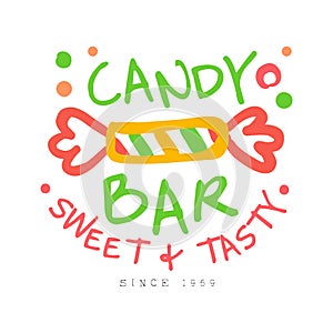 Candy bar sweet and tasty logo. Colorful hand drawn label