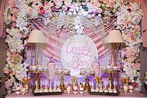 Candy bar. Table with sweets, candies, dessert