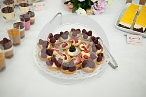 Sweet candy bar.Different delicious fruits and cookies on wedding reception table with bananas and grapes photo