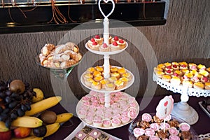 Sweet candy bar.Different delicious fruits and cookies on wedding reception table with bananas and grapes photo