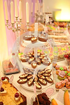Candy bar. Wedding reception table with sweets