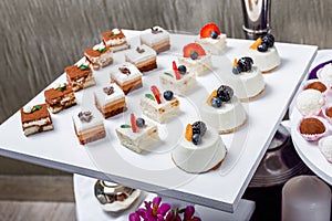 Candy bar. Wedding reception table with sweets, candies, dessert