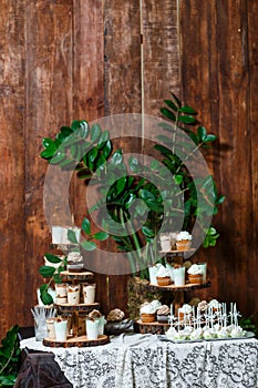 Candy bar on wooden wedding party with a lot of different candies, cupcakes, souffle and cakes