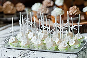 Candy bar on wooden wedding party with a lot of different candies, cupcakes, souffle and cakes