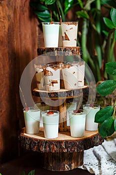 Candy bar on wooden wedding party with a lot of different candies, cupcakes, souffle and cakes