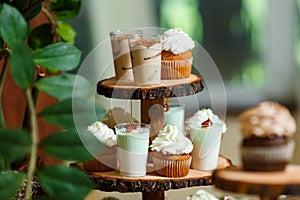 Candy bar on wooden wedding party with a lot of different candies, cupcakes, souffle and cakes