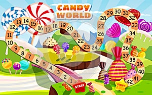 Candy Board Game for children and kids - journey through the sweet Candy World candy lollipops sweets. Vector