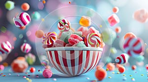 Candy bowl with various candies floating in the air