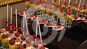 Candy buffet. Candy bar wedding. bright buffet with many sweet snacks