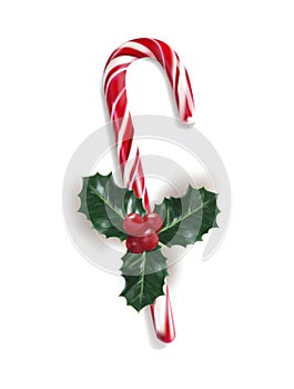 Candy cane for Christmas or New Year is decorated with holly