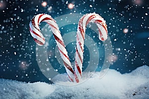 Candy cane, Christmas treat in the snow. Generative Ai