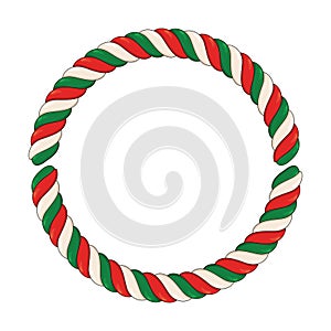 Candy cane circle frame isolated on white background. Swirl hard candy round border with copy space