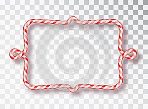 Candy Cane Frame. Blank Christmas border with red and white striped lollipop pattern isolated on transparent background. Holiday